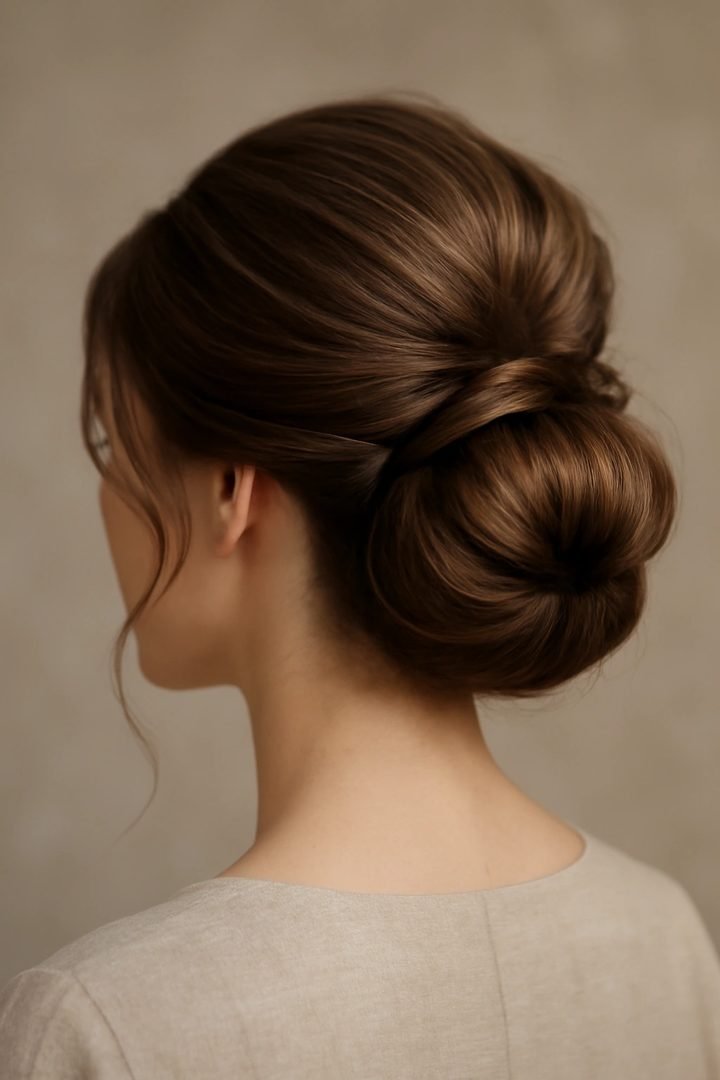 Back view of a classic low chignon bun hairstyle for Thanksgiving