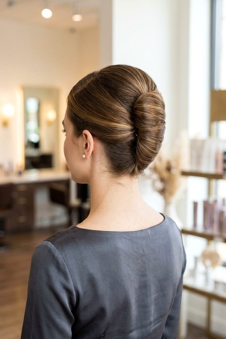 Side view of an elegant French twist updo hairstyle