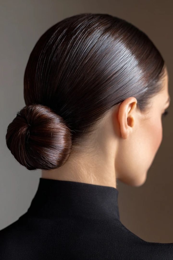 Back view of a sleek low bun with a deep side part