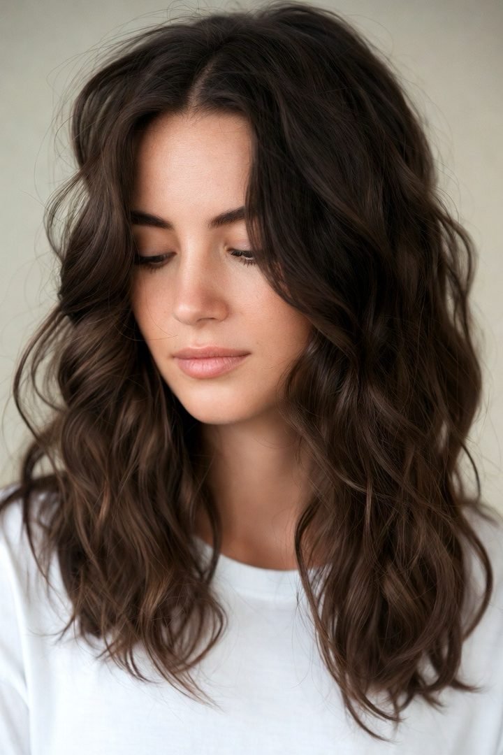 Front view of soft romantic wavy hairstyle for the holidays