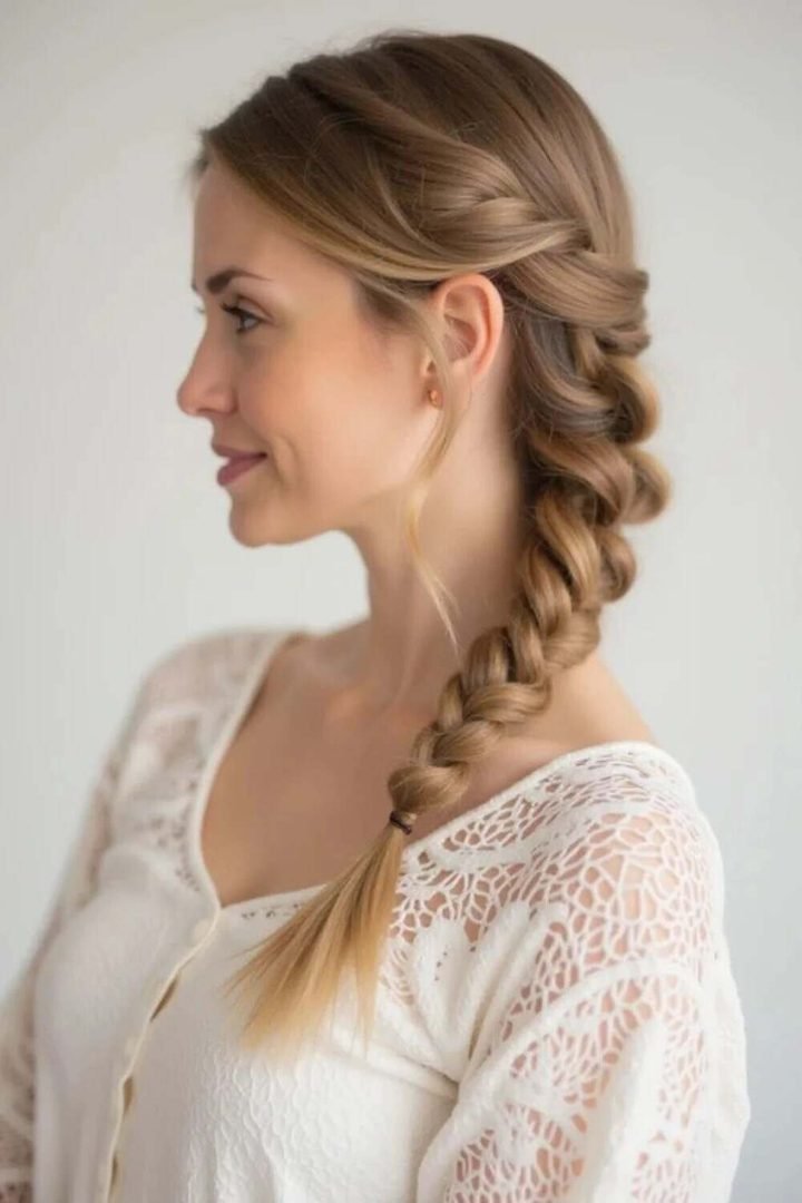Three-quarter view of a loose side braid draped over the shoulder