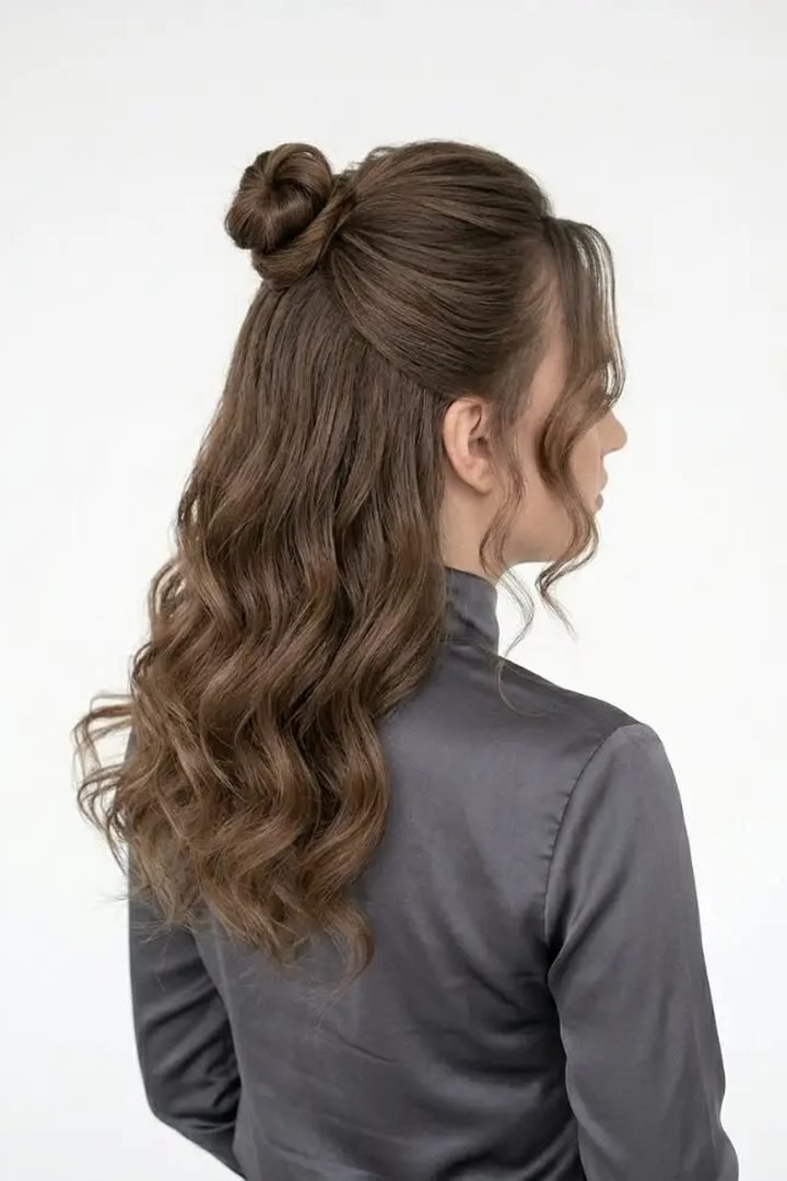 Back view of a half-up top knot hairstyle