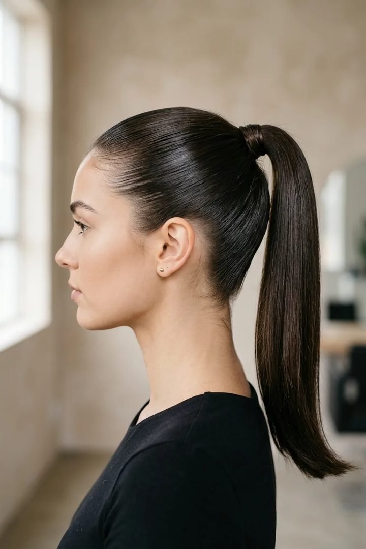 Side view of a sleek high ponytail hairstyle