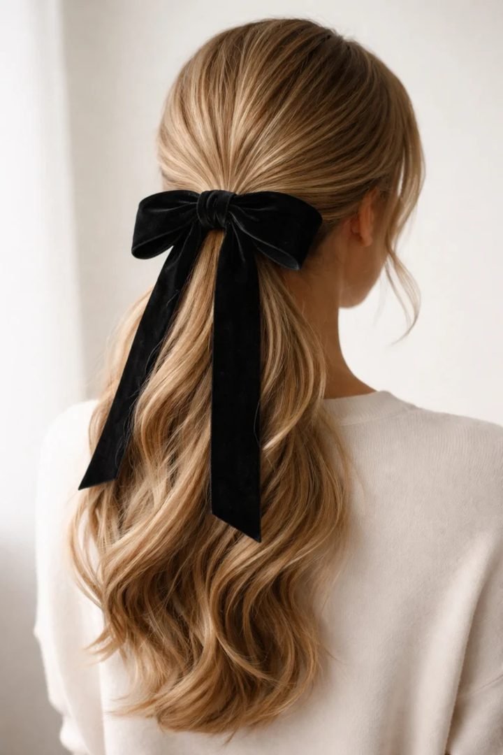 Back view of a low textured ponytail tied with a velvet ribbon