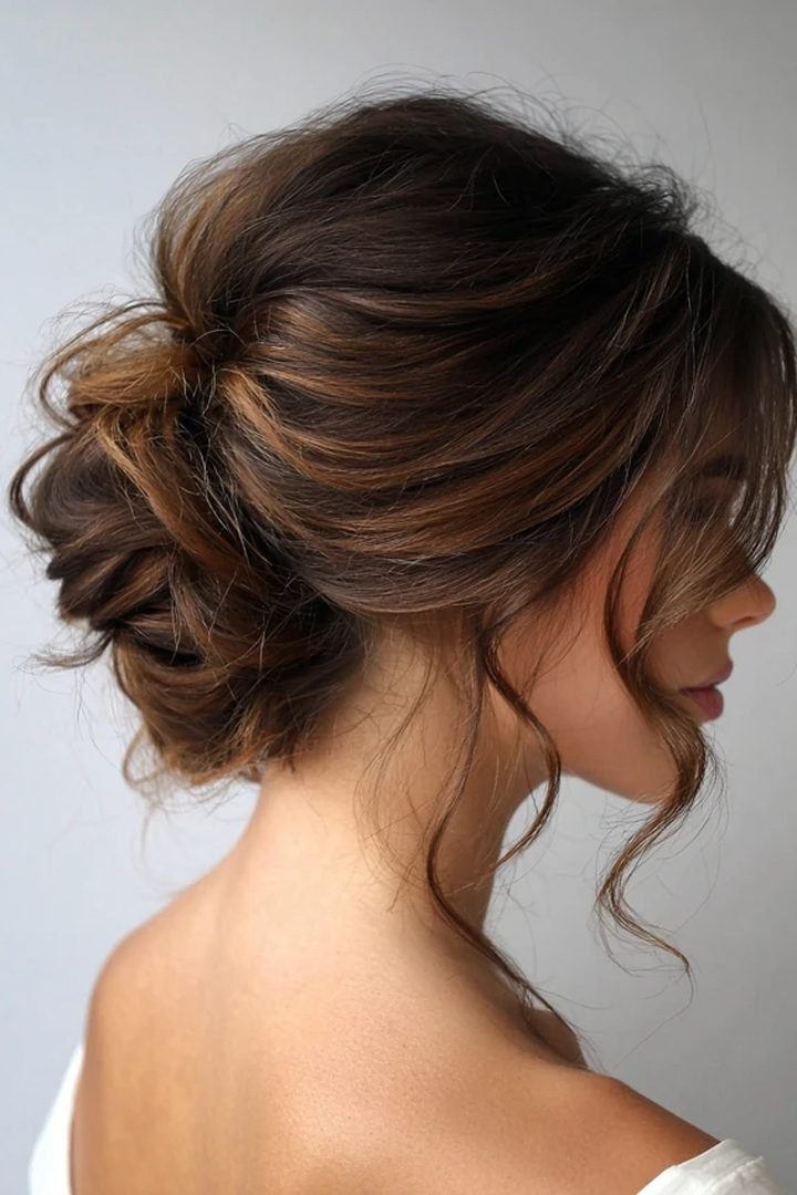 Back view of a textured updo with soft face-framing pieces