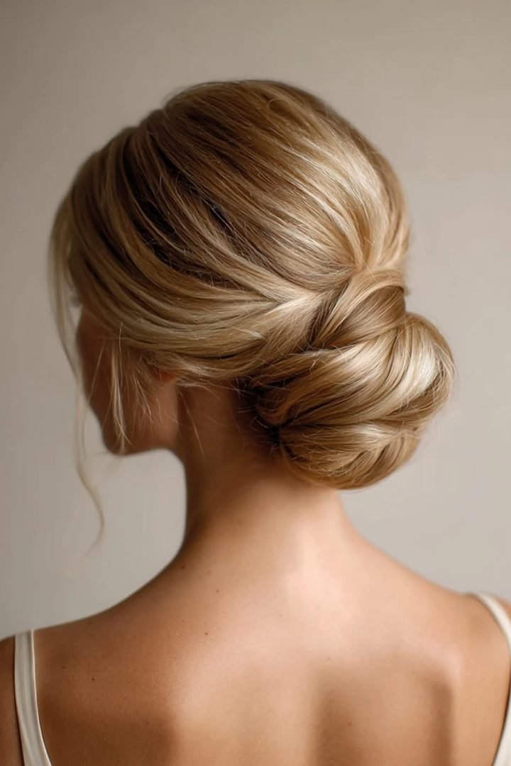 Back view of a twisted low updo hairstyle