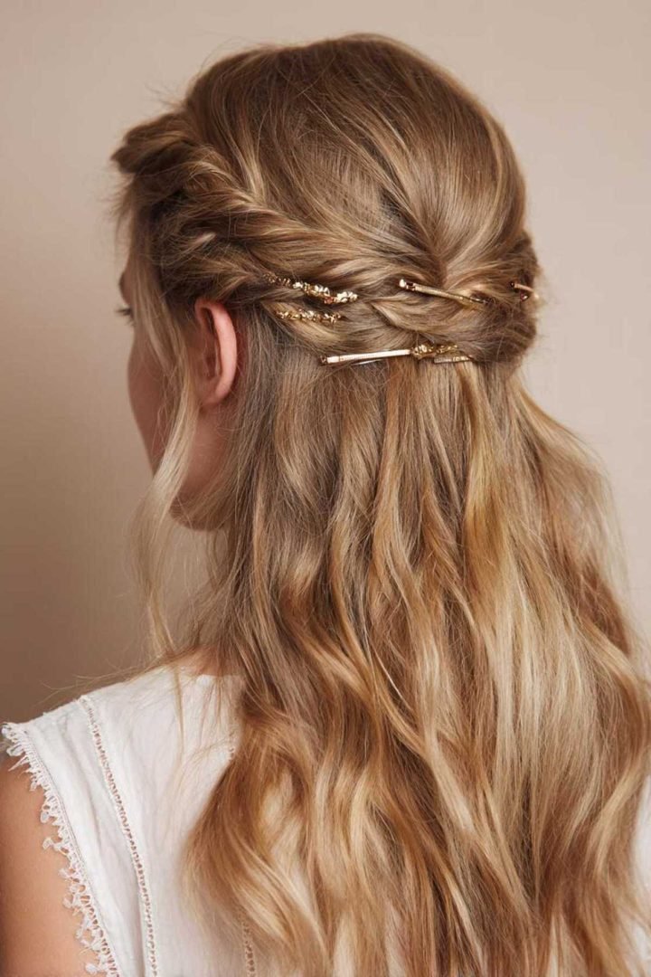 Close-up of soft waves decorated with gold hair pins