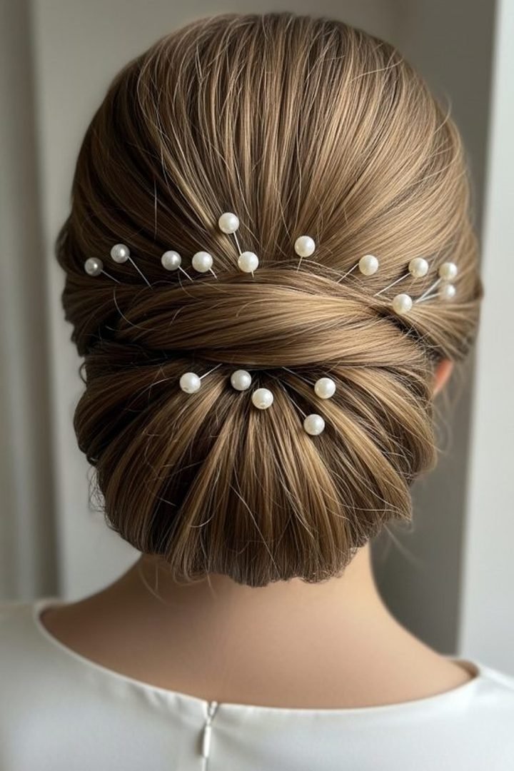 Back view of an elegant updo decorated with pearl hair pins