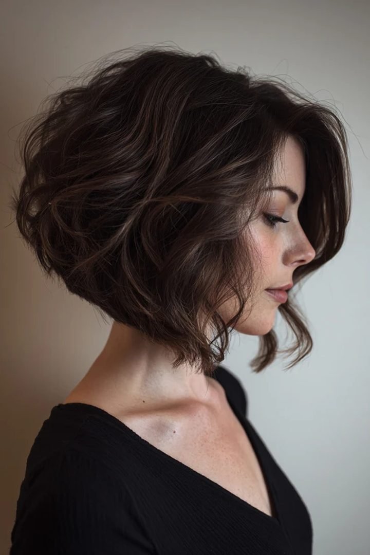 Side view of a soft wavy bob haircut