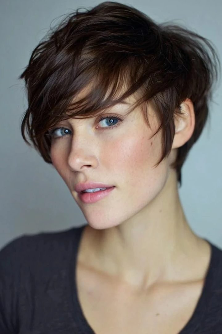 Front view of a textured pixie haircut