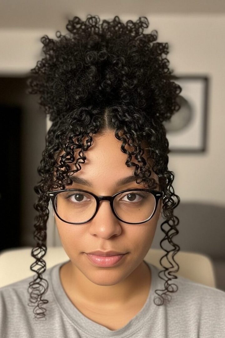 Front view of a natural curly pineapple updo
