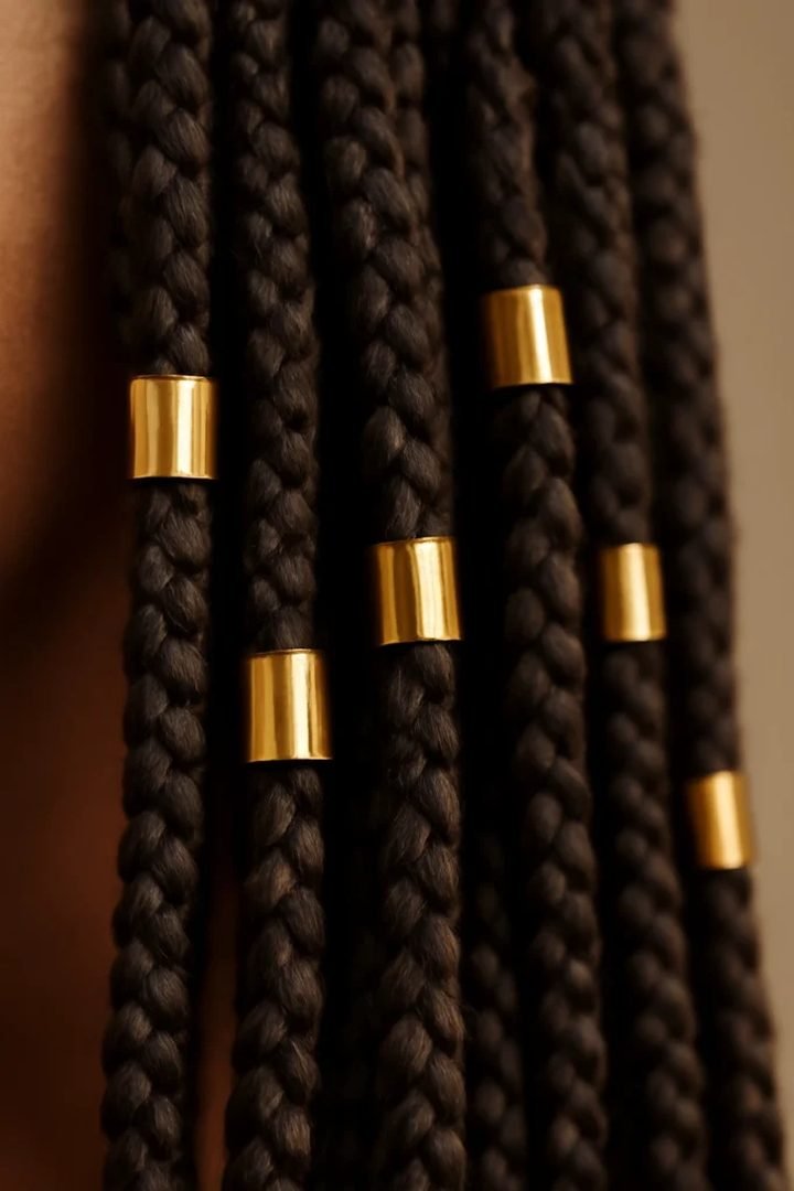 Close-up of braids decorated with gold hair cuffs