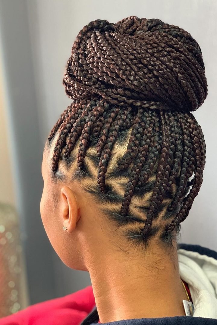 Back view of box braids styled into a low bun