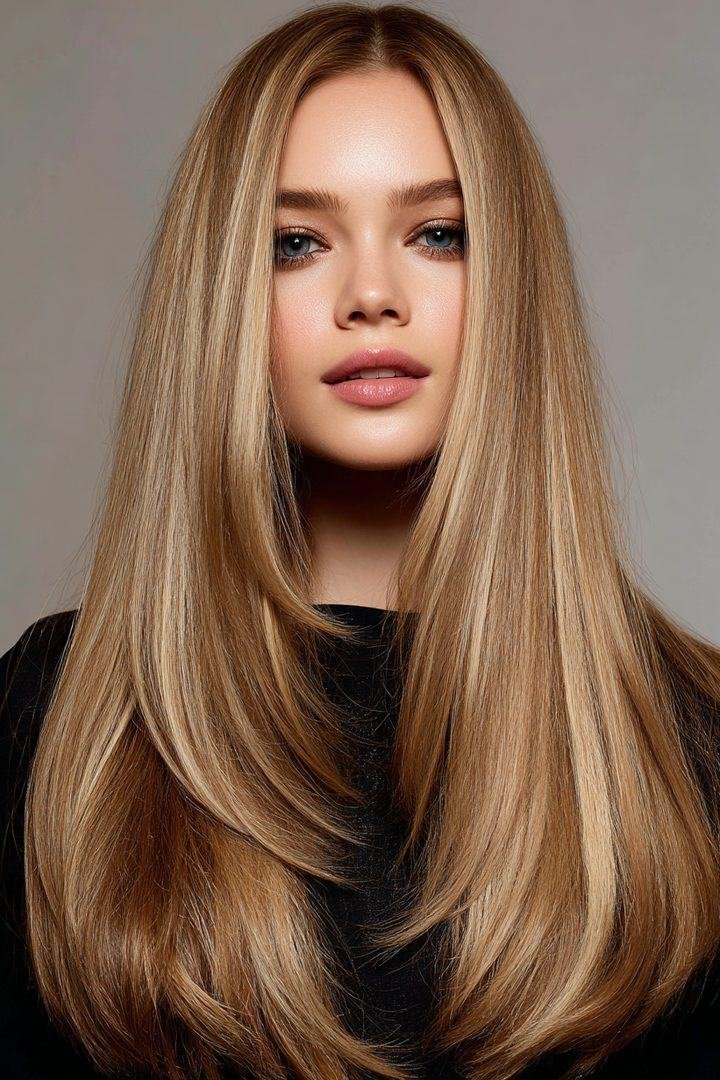 Front view of sleek straight hair with a clean center part