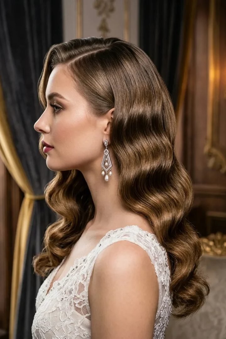 Side view of retro Hollywood waves hairstyle