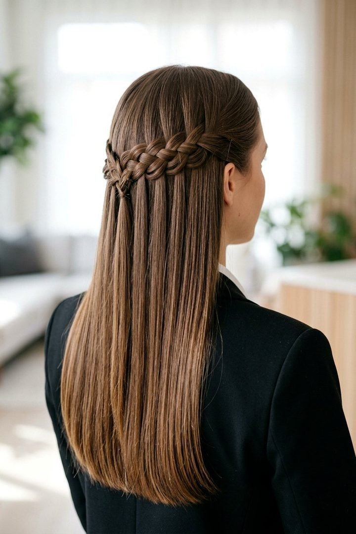 Back view of a waterfall braid hairstyle