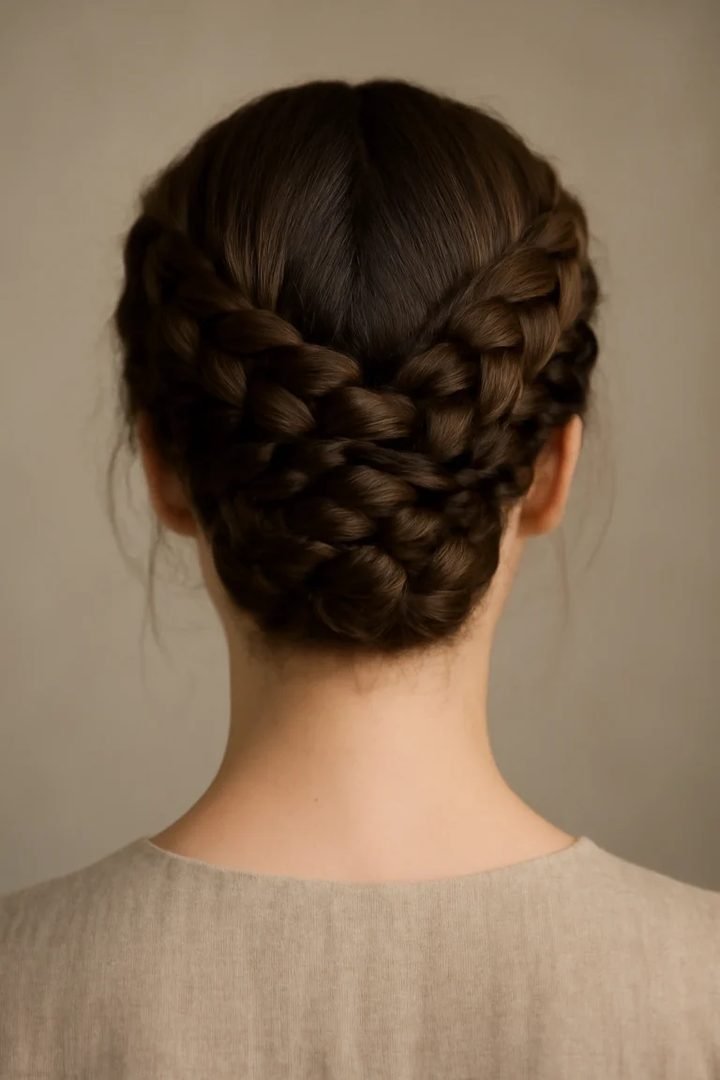 Back view of a braided low bun hairstyle