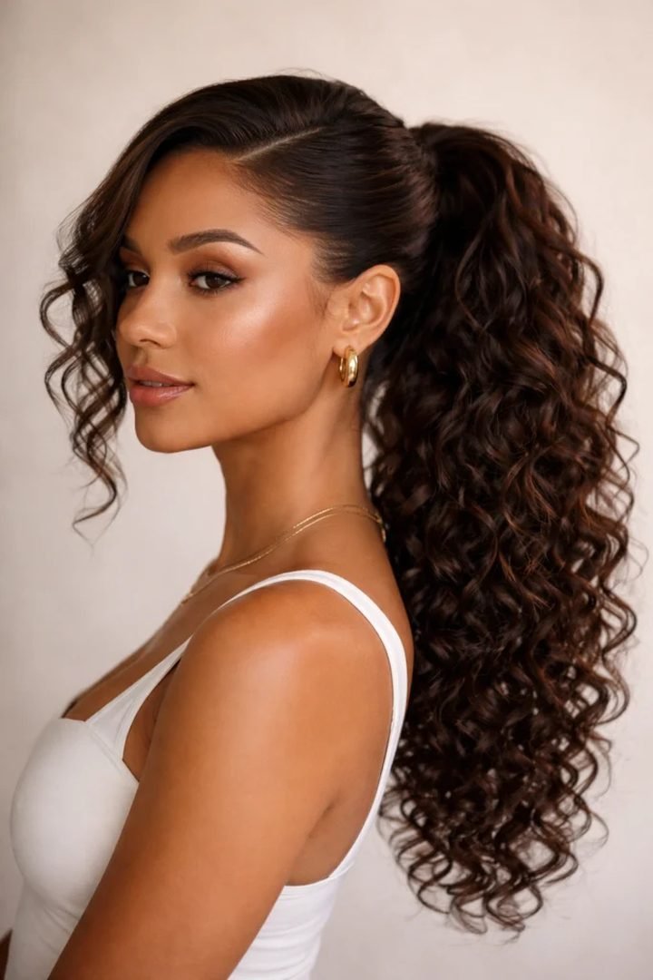 Three-quarter view of a curly side ponytail hairstyle