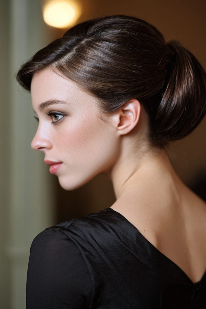 Thanksgiving hairstyles: elegant low chignon updo, three-quarter view