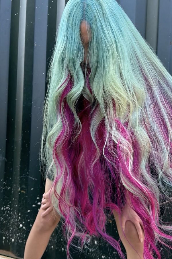 Long hair in mint teal and soft pink shades