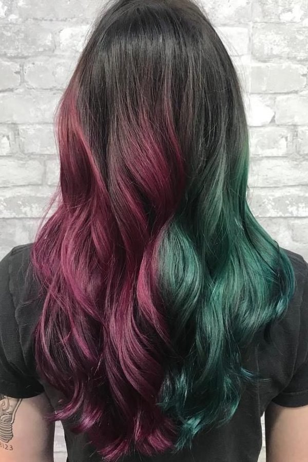 Deep teal and dark pink jewel-tone hair colour