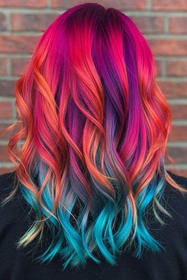 Magenta pink and teal waves with dimensional colour