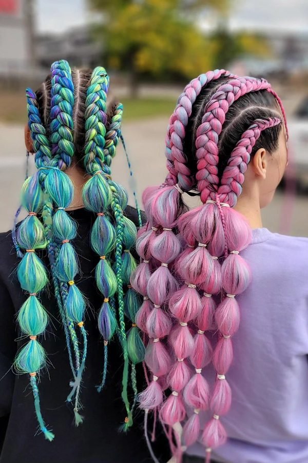 Bubble braids showing teal and pink hair sections