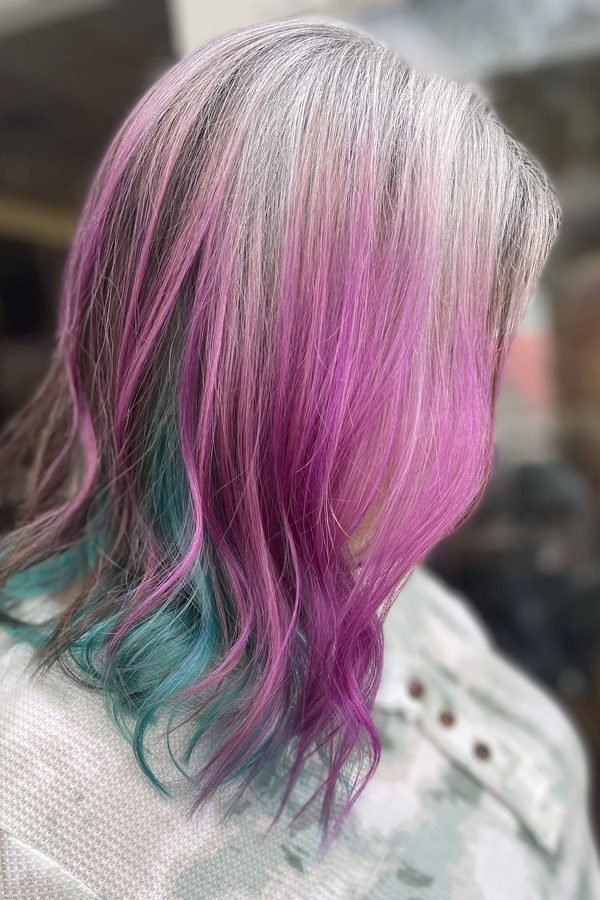 Pastel pink teal and silver three-tone hair
