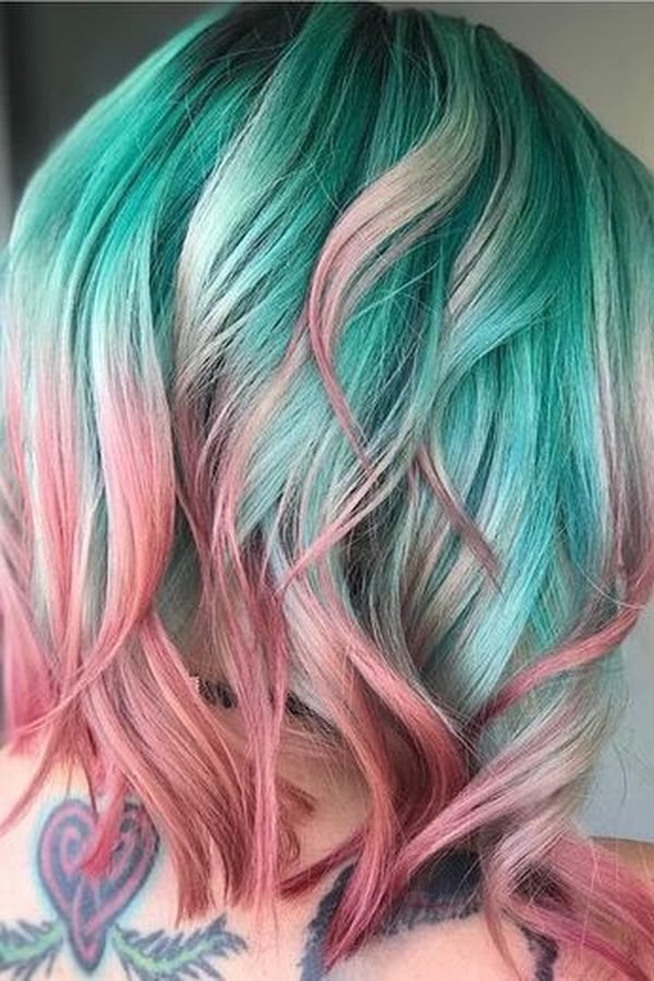 Pastel teal and pink colour on a rounded bob