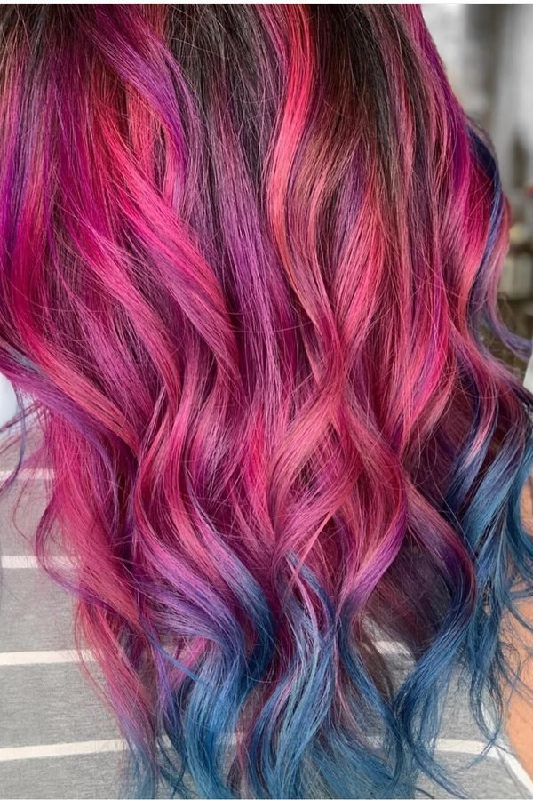 Beach waves with pink and teal hair colour
