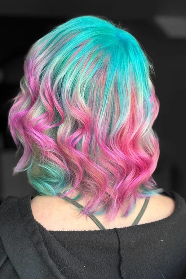 Blunt bob in pastel teal and pink shades