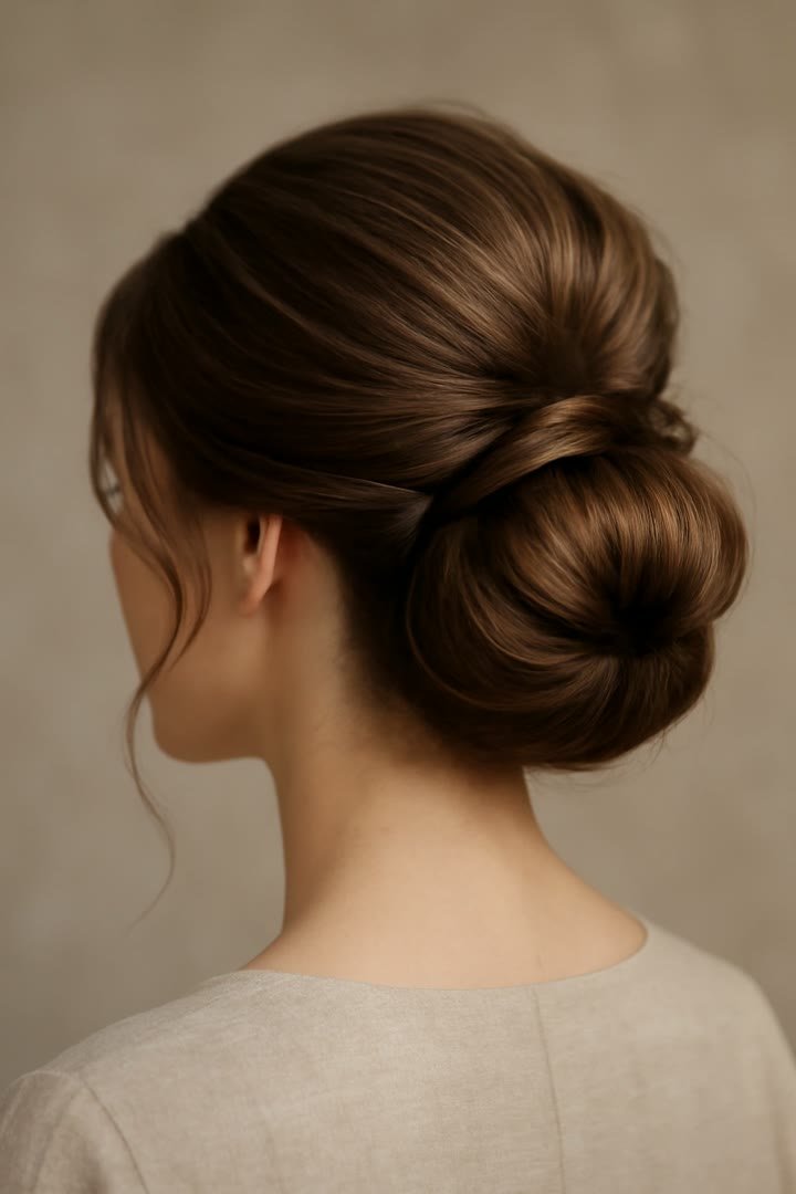 Back view of a classic low chignon bun hairstyle for a winter formal