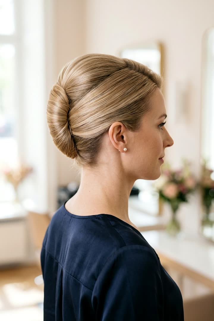 Side view of an elegant French twist updo hairstyle