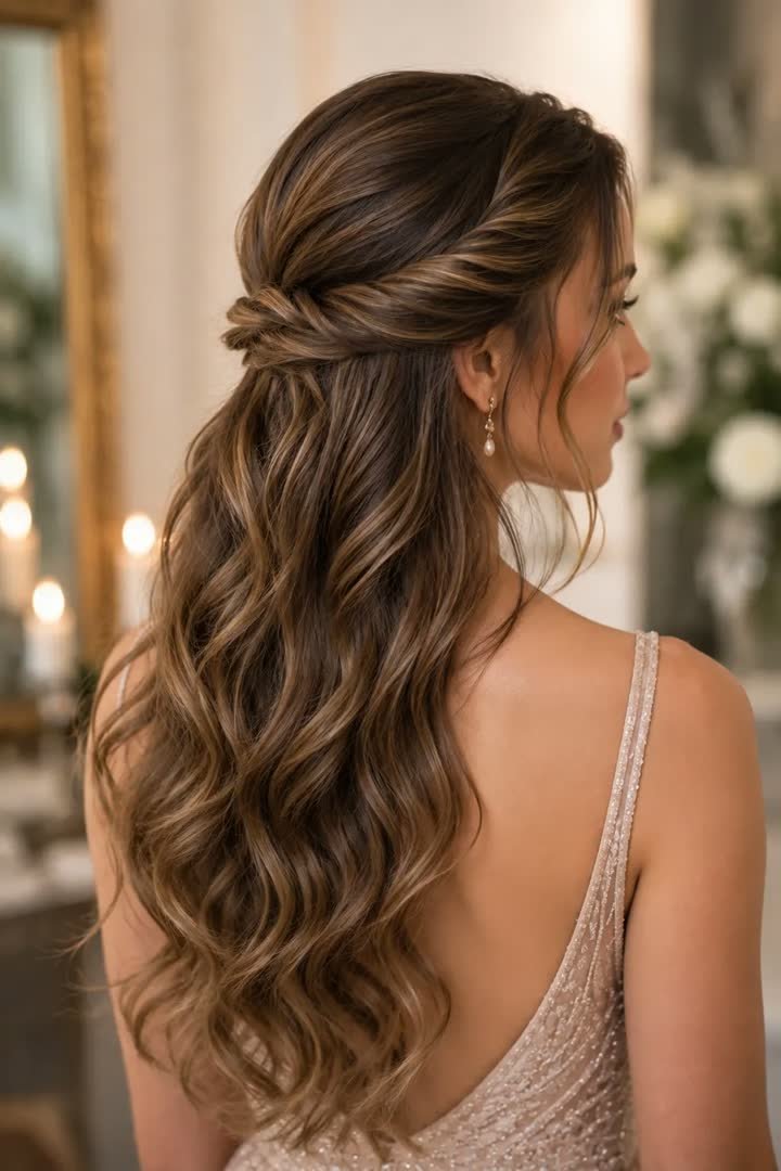 Half-up twisted crown hairstyle for a winter formal