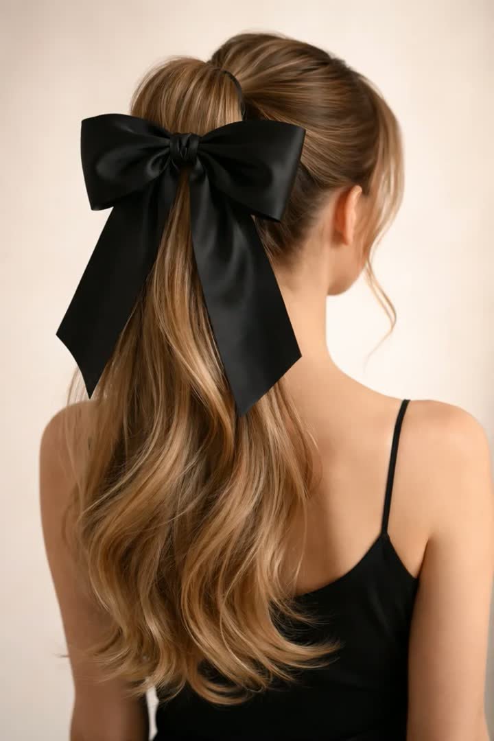 Textured high ponytail with a velvet ribbon for a winter formal