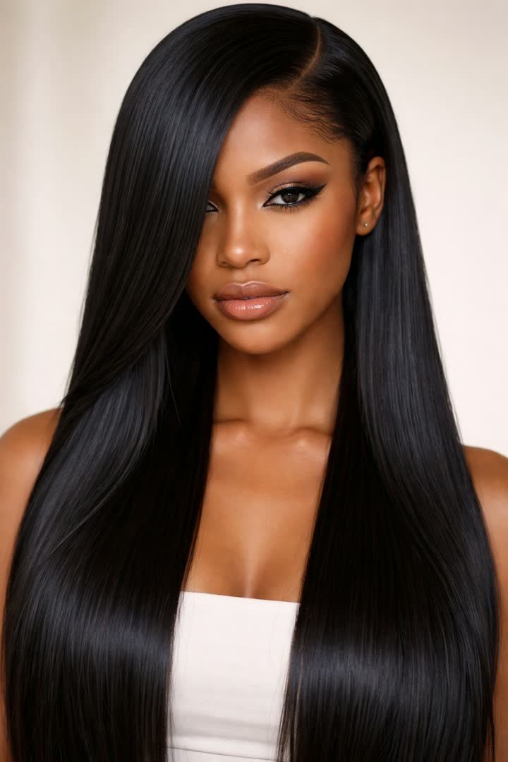 Sleek straight hairstyle with a deep side part for a winter formal
