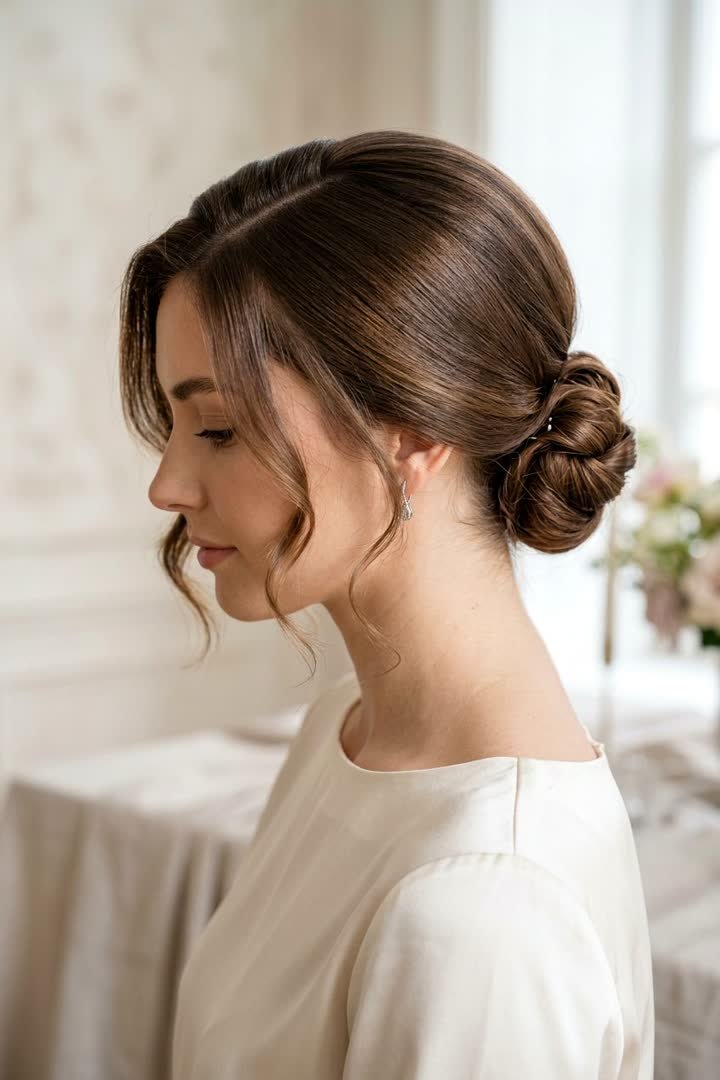 Twisted side chignon hairstyle for a winter formal