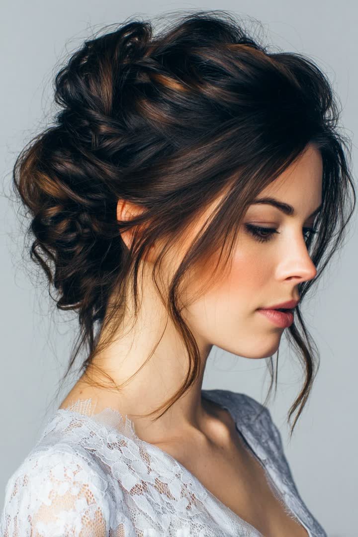 Loose romantic updo with face-framing tendrils for a winter formal