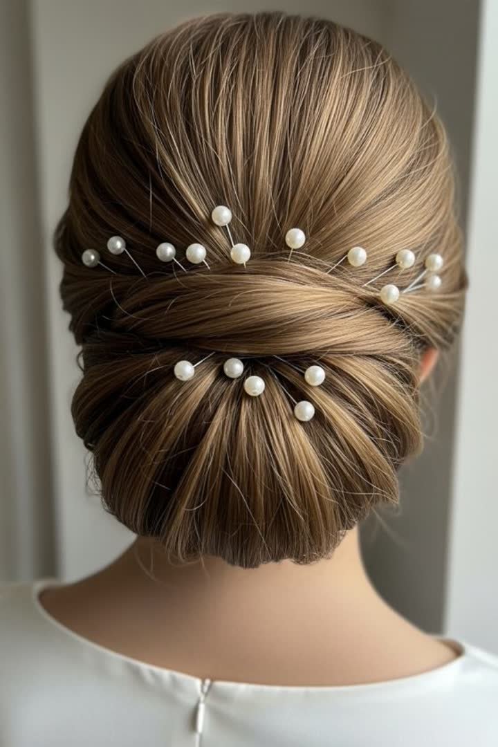 Low rolled chignon with pearl pins for a winter formal
