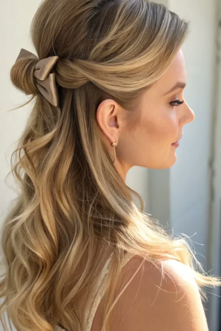 Half-up bow bun hairstyle for a winter formal