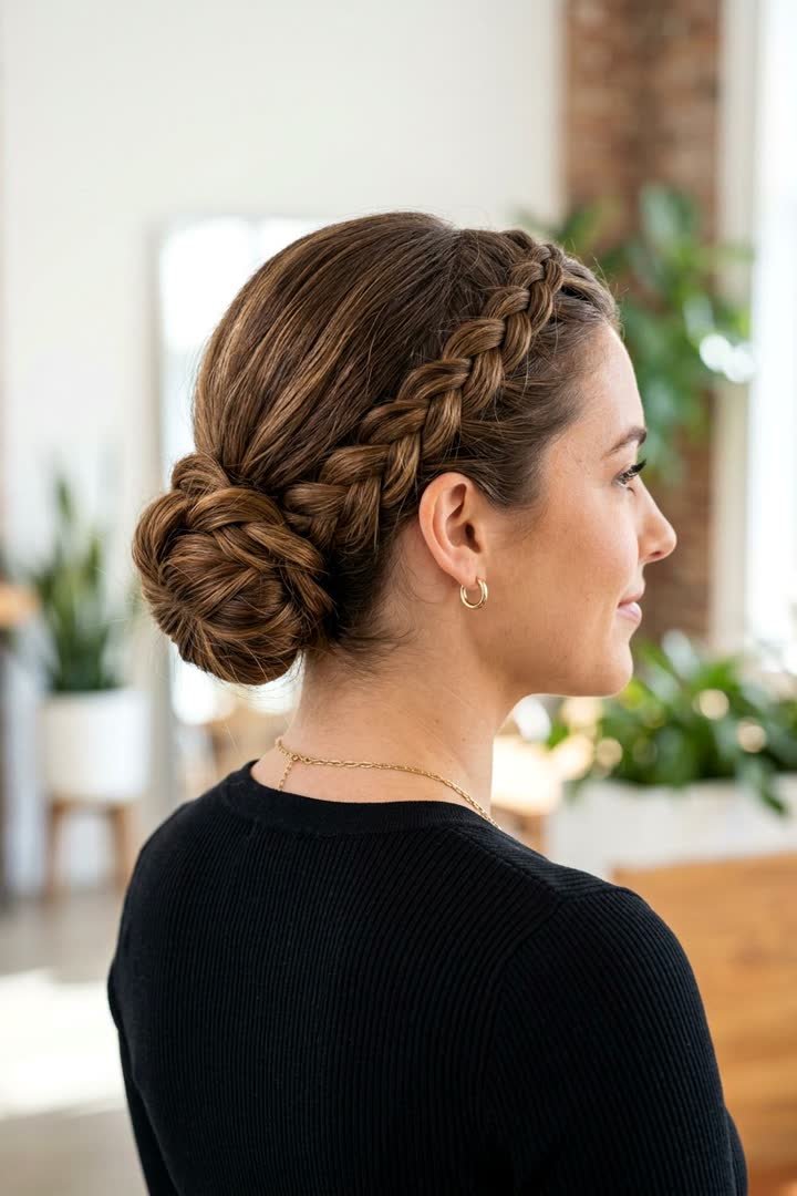Side French braid into a low bun hairstyle for a winter formal