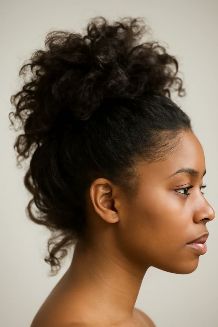Curly pineapple updo for natural hair at a winter formal