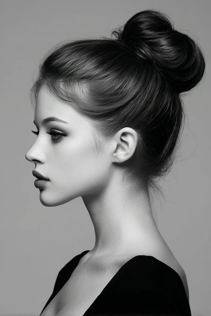 Voluminous top knot bun hairstyle for a winter formal