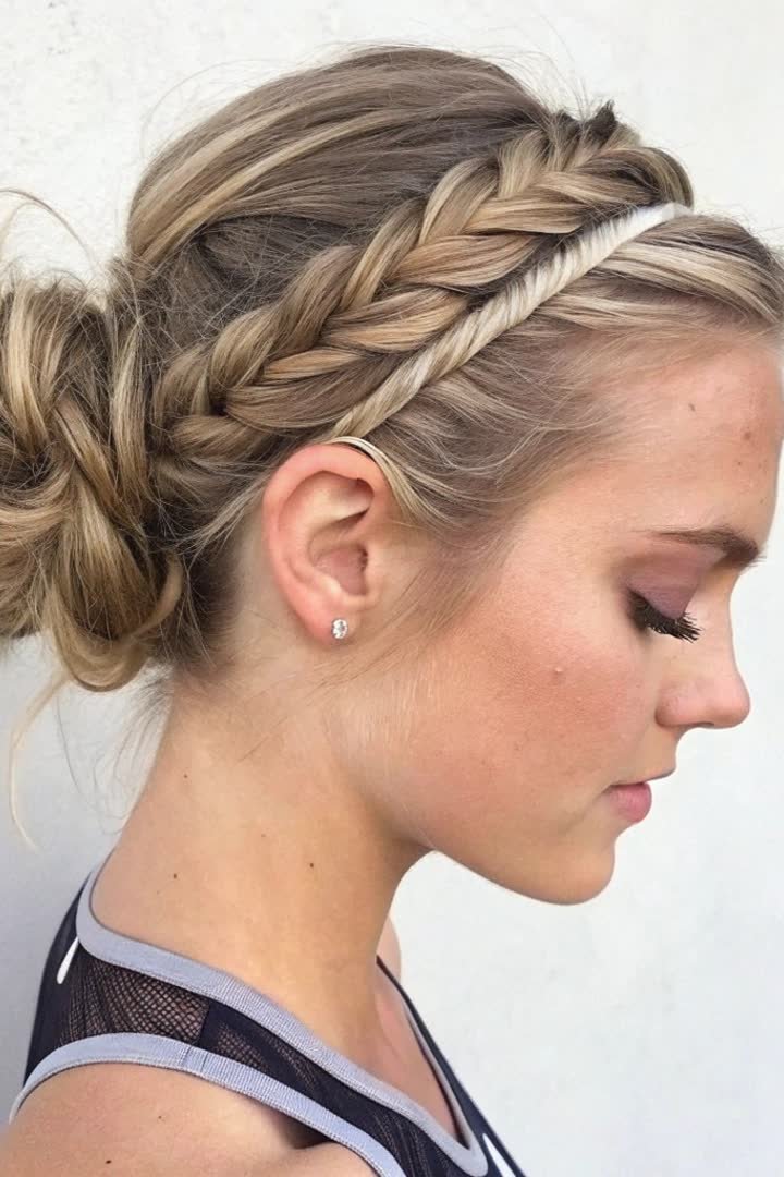 Braided headband updo hairstyle for a winter formal