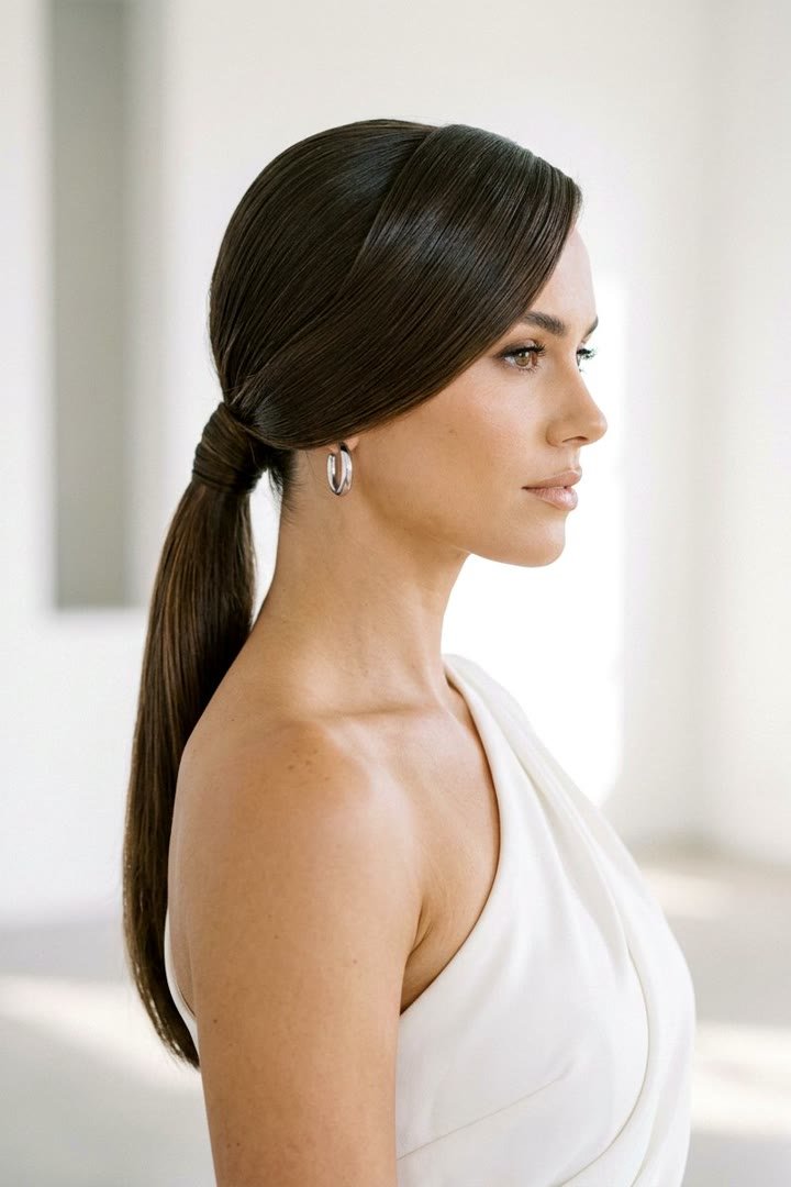 Polished low ponytail with face-framing waves for a winter formal
