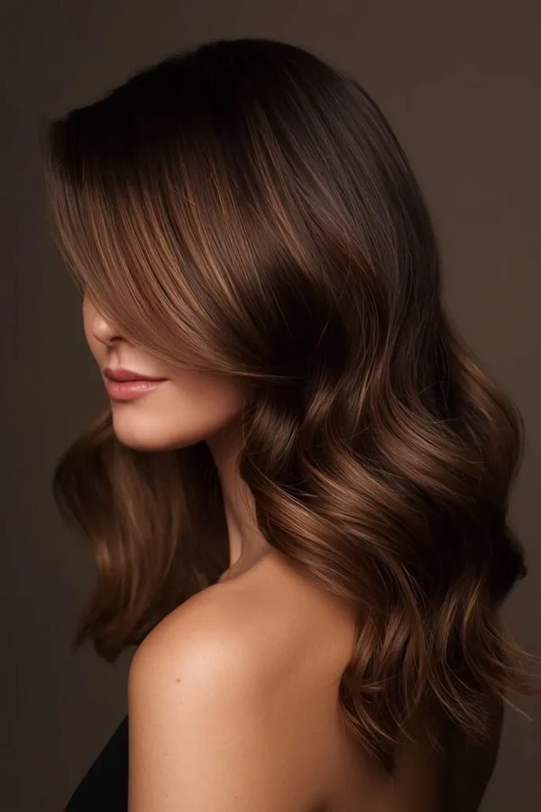 Espresso brown winter hair color with soft dimensional waves, side view