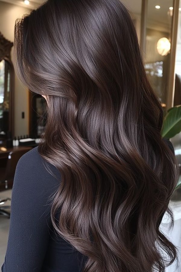 Expensive brunette hair color, glossy dark brown waves seen from behind