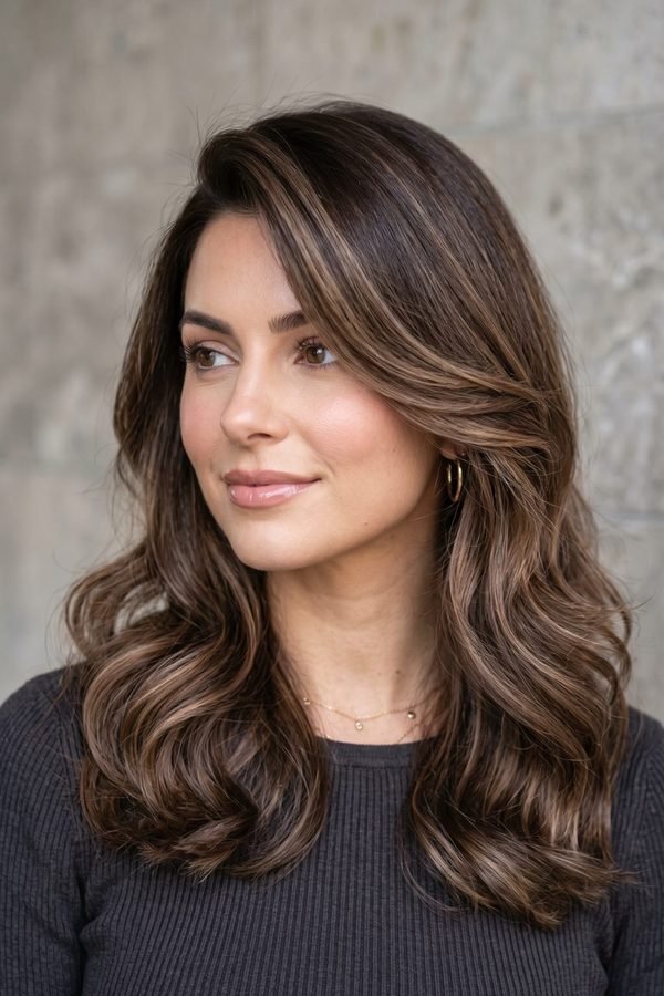 Cool mocha brown hair color with soft beige dimension, three-quarter view
