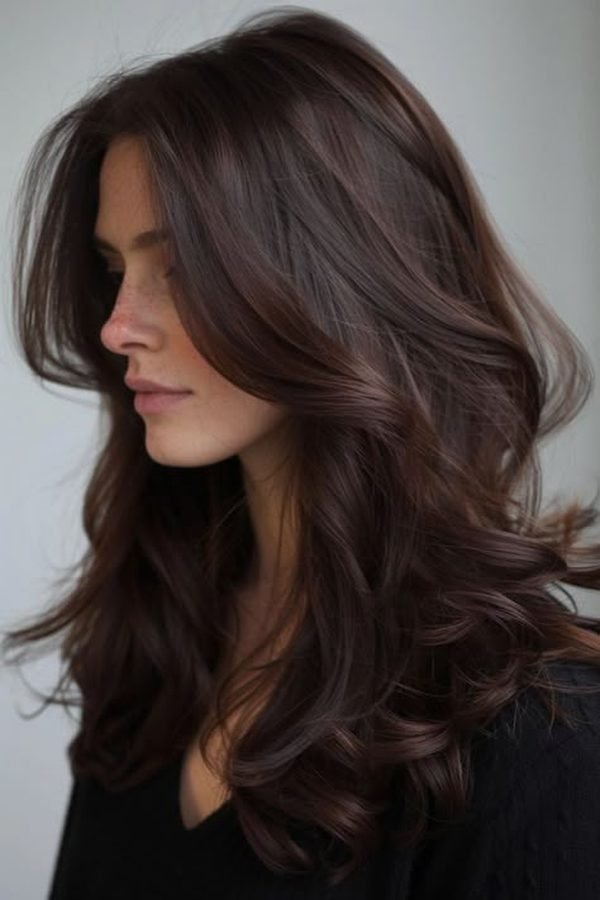 Chocolate truffle brown hair color, deep warm waves, side profile