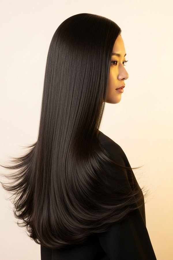 Soft black hair color, long sleek straight hair, side profile